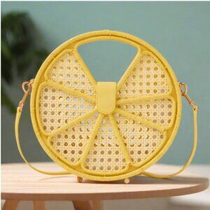 Kate Spade Lemon Drop Rattan Top-Handle Yellow Leather Crossbody Bag